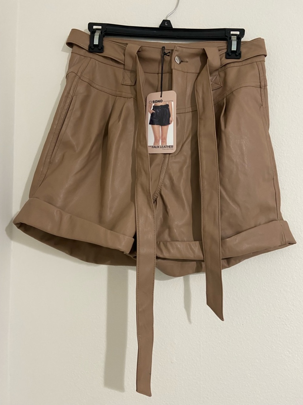 Ci Sono Faux Leather High-Waist Belted Shorts - Brown